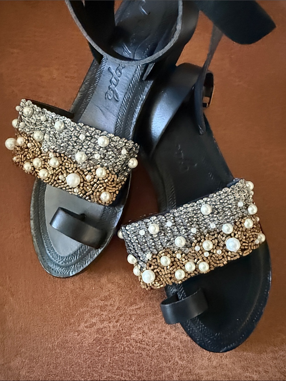 Free People Beaded Pearl Black Leather Women's Sandals 6.5 or 37.5